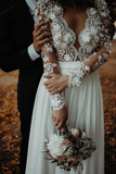 Kateprom Floor Length Long Sleeves Sheer Neck Split Appliques Chiffon Beach Wedding Dress KPW0675