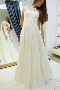 Kateprom Simple A Line Long Chiffon Wedding Dresses with Lace KPW0677