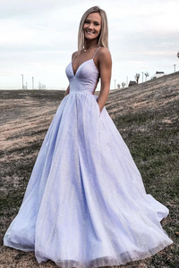 Kateprom V Neck Lilac Long A Line Prom Dress with Pocket, Shiny Formal Dress, Sparkly Evening Dress KPP1418