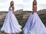 Kateprom V Neck Lilac Long A Line Prom Dress with Pocket, Shiny Formal Dress, Sparkly Evening Dress KPP1418