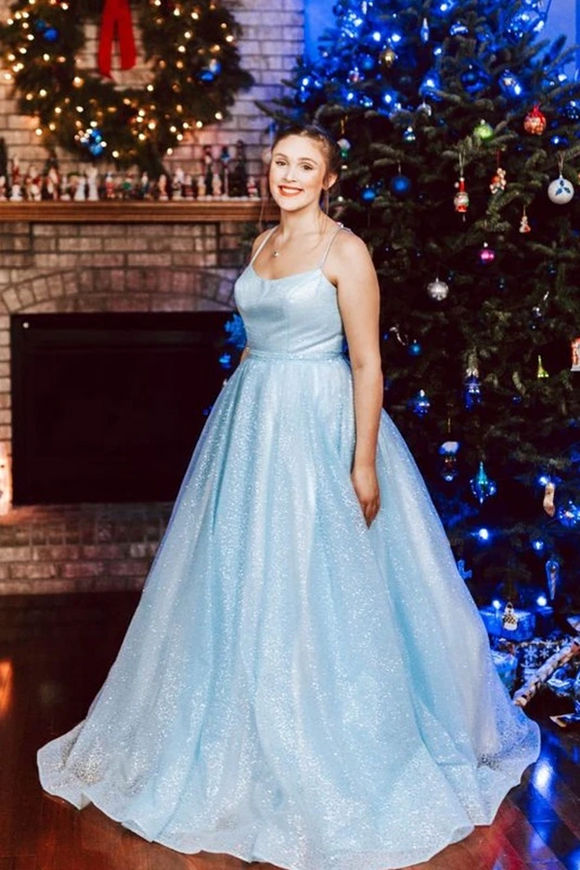 Kateprom Light Blue Elegant Spaghetti Straps Plus Sizes Long Princess Prom Dresses KPP1419