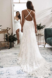 Kateprom Elegant A Line V Neck Lace Ivory Beach Wedding Dresses with Slit, Bridal Gowns KPW0679