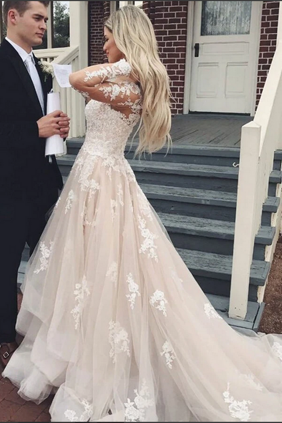 inexpensive long sleeve wedding dresses Lace Appliqued Long Illusion Sleeve Wedding Bridal Dress With Train 38