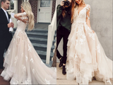 Kateprom Gorgeous Lace A line V neck Long Sleeves Wedding Dresses with Train KPW0680