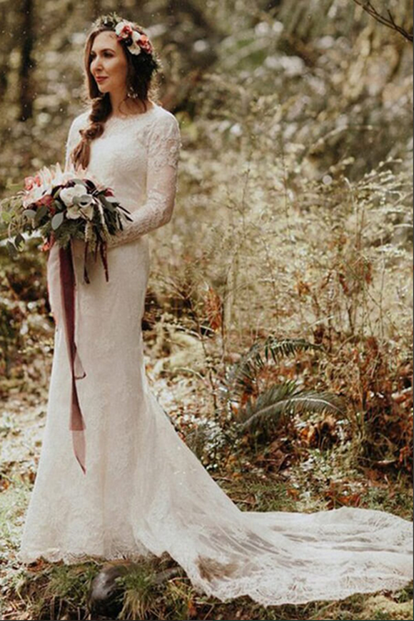 Kateprom Beautiful Lace Mermaid Round Neck Long Sleeves Wedding Dresses KPW0681