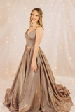 Kateprom Glitter Spaghetti Straps V Neck Long Prom Dresses Women Dress KPP1425
