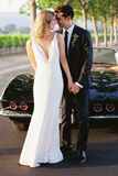 Kateprom Elegant Sheath V Neck Off White Wedding Dresses, Simple Beach Wedding Gown KPW0683