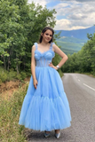 Kateprom Sky Blue Straps Tulle A Line Prom Dress Sweetheart Homecoming Dresses KPP1426