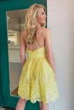 Kateprom Backless Short Lace Appliques Prom Dresses,A Line Yellow Graduation Homecoming Dresses KPP1427