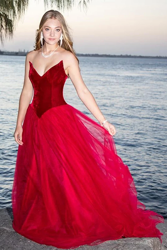 Kateprom Burgundy A Line Tulle Strapless Prom Dress Long Formal Ball Dress, Evening Dress KPP1429
