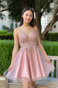 Kateprom Pretty A Line Pink Beadeing Homecoming Dress, Short Spaghetti Straps Prom Dress KPP1432