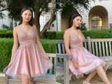 Kateprom Pretty A Line Pink Beadeing Homecoming Dress, Short Spaghetti Straps Prom Dress KPP1432
