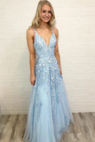 A Line Spaghetti Straps Light Blue Prom Dresses V Neck Lace Appliques Evening Dress KPP0002
