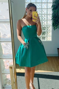 Kateprom Strapless Open Back Green Short Prom Dresses with Pocket, Ope kateprom Kateprom Strapless Open Back Green Short Prom Dresses with Pocket, Ope kateprom