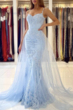 Kateprom Thin Straps Mermaid Open Back Light Blue Lace Long Prom Dress, Mermaid Light Blue Formal Dress, Light Blue Lace Evening Dress KPP1435