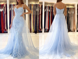 Kateprom Thin Straps Mermaid Open Back Light Blue Lace Long Prom Dress, Mermaid Light Blue Formal Dress, Light Blue Lace Evening Dress KPP1435