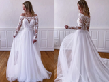 Kateprom Elegant Long Sleeves White Lace Wedding Dress, White Lace Long Prom Dress, White Formal Evening Dress KPW0687