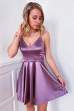 Kateprom Cute V Neck Purple Short Prom Dress A Line Satin Homecoming Dress, Graduation Evening Dress KPH0560