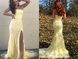 Kateprom Mermaid Strapless Appliques Yellow Prom Dresses With Slit Evening Dresses KPP1439