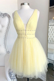 Kateprom Cute yellow v neck tulle beads short prom dress yellow homecoming dress KPP1442