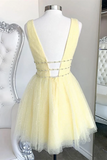Kateprom Cute yellow v neck tulle beads short prom dress yellow homecoming dress KPP1442