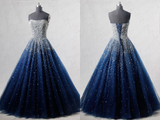 Kateprom Navy Blue Strapless Floor Length Prom Ball Gown with Beading Sequins, Prom Dresses KPP1443
