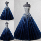 Kateprom Navy Blue Strapless Floor Length Prom Ball Gown with Beading Sequins, Prom Dresses KPP1443