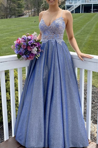 Kateprom A Line Spaghetti Straps Blue Lace Top Prom Dresses, Long Formal Evening Dresses KPP1446