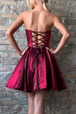Kateprom Strapless Burgundy Satin Short Homecoming Dresses, Party Dresses KPH0574