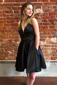 Kateprom A Line Black Short Satin Homecoming Dress Online, Short Prom kateprom Kateprom A Line Black Short Satin Homecoming Dress Online, Short Prom kateprom