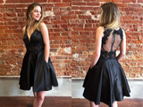 Kateprom A Line Black Short Satin Homecoming Dress Online, Short Prom Dress KPH0575