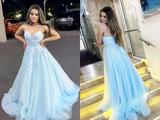 Kateprom A Line V Neck Light Blue Lace Appliques Long Prom Dress, Spaghrtti Straps Formal Evening Dress KPP1451