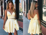 Kateprom Two Pieces A Line V Neck Backless Yellow Short Prom Dresses Homecoming Dresses with Slit KPH0578