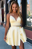 Kateprom Two Pieces A Line V Neck Backless Yellow Short Prom Dresses Homecoming Dresses with Slit KPH0578