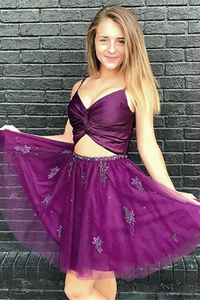 Kateprom Two Pieces Purple Tulle Homecoming Dress with Beadings, Party Dress KPH0579