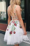 Kateprom White Lace V Neck Homecoming Dresses with Floral Print Backless Short Prom Dresses KPH0581