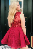 Kateprom Cute V Neck Red Lace Short Prom Dress Homecoming Dress, Lace Red Formal Graduation Evening Dress KPH0582
