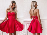 Kateprom Simple Red Satin Sweetheart Strapless Homecoming Dresses Above Knee Short Prom Dresses KPH0584