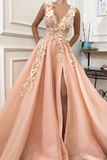 Kateprom A line Pink V Neck Prom Dresses with Slit Lace Appliques Prom Gowns KPP1453