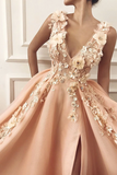Kateprom A line Pink V Neck Prom Dresses with Slit Lace Appliques Prom Gowns KPP1453