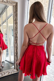 Kateprom Cute Red Satin A line Cross Back Spaghetti Straps Homecoming Dresses KPH0586