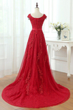 Kateprom A Line Red V Neck Long Lace Prom Dresses with Cap Sleeves KPP1454