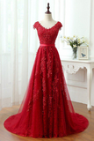 Kateprom A Line Red V Neck Long Lace Prom Dresses with Cap Sleeves KPP1454
