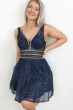 Kateprom Sparkling A Line V Neck Sequins Navy Blue Homecoming Dress With Beads KPH0593