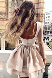 Kateprom A Line High Neck Long Sleeve Pleats Open Back Satin Short Homecoming Dresses With Lace KPH0594
