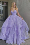 Kateprom Shiny V Neck Fluffy Lavender Long Prom Dress, Spaghetti Straps Long Formal Evening Dress KPP1457