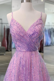 Kateprom Shiny V Neck Backless Lilac Prom Dresses with Straps, Formal Dresses, Purple Evening Dresses KPP1458