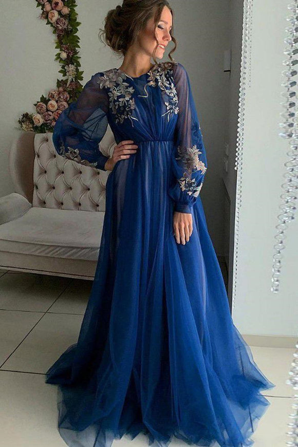 Kateprom Charming A Line Long Sleeve Tulle Appliques Prom Dresses, Long Evening Dresses KPP1462