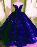 Kateprom Sequin Ball Gown Dresses Off The Shoulder Royal Blue Prom Dresses KPP1463