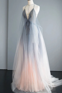 Kateprom Simple Deep V Neck Ombre Tulle Halter Sleeveless Prom Dresses Backless Formal Dresses KPP1465